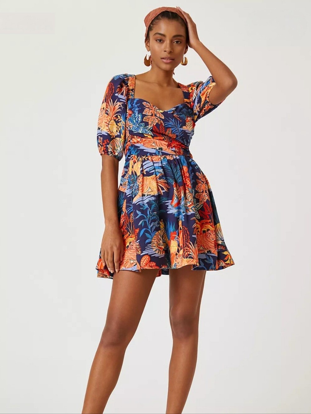 NWT By Anthropologie Puff Sleeve Mini Dress Tiger Tropical Floral Open Back XS